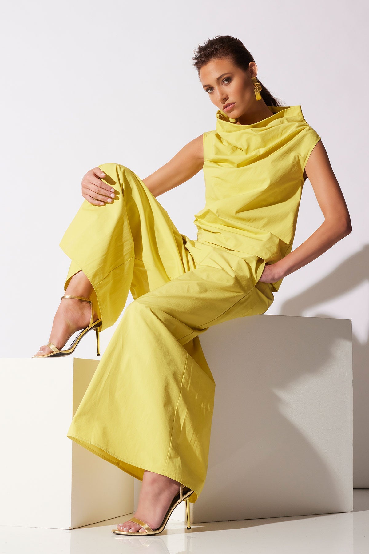 Tech Cotton Taffeta Asymmetric Funnel Neck Top Lemon Natori