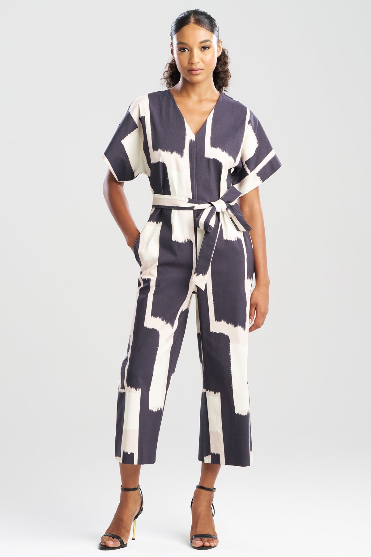 Painted Block Woven V-Neck Jumpsuit Natural/Black Natori