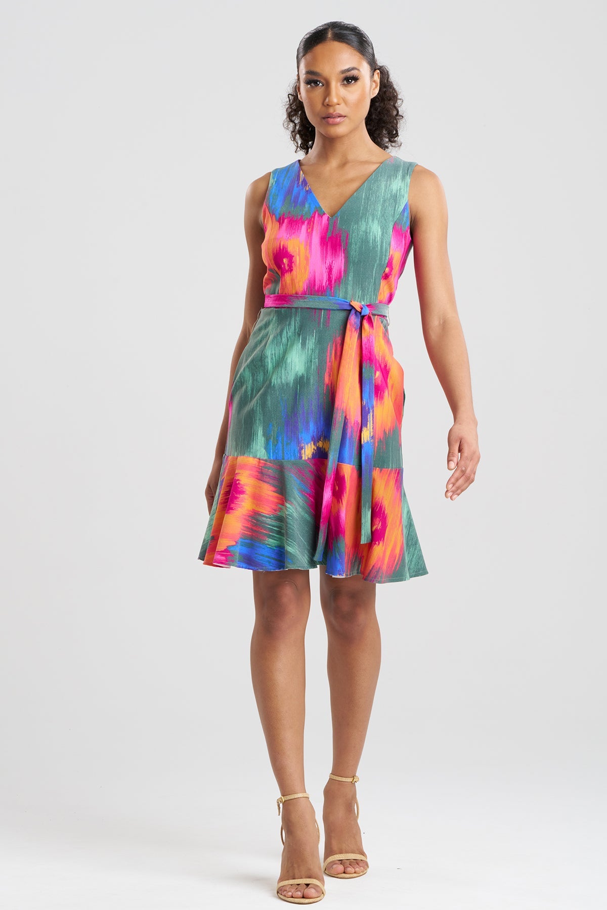 Multi Floral Belted Ruffle Dress Multi Natori