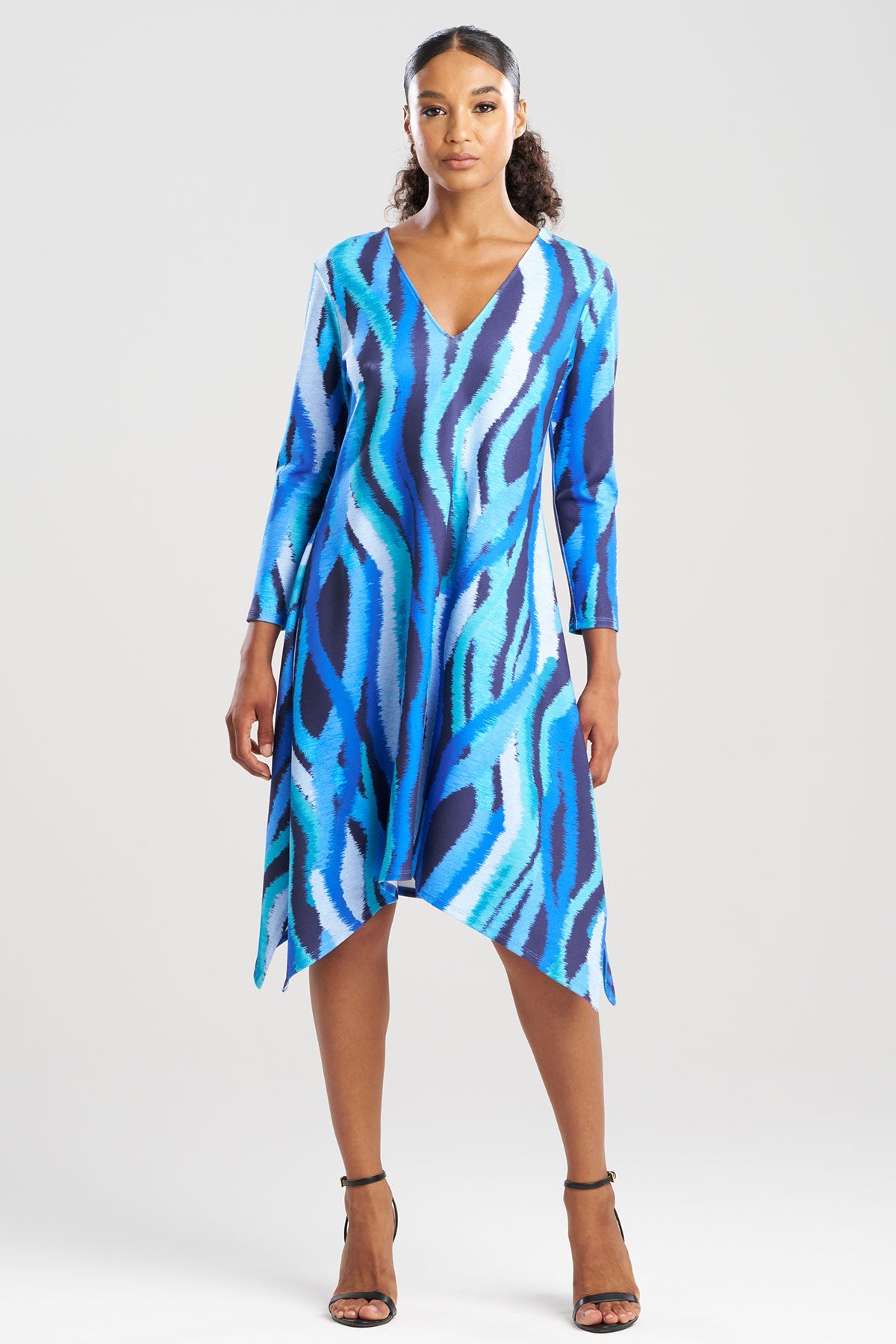 Jagged Swirl Knit Crepe Long Sleeve V-Neck Dress Blue Natori