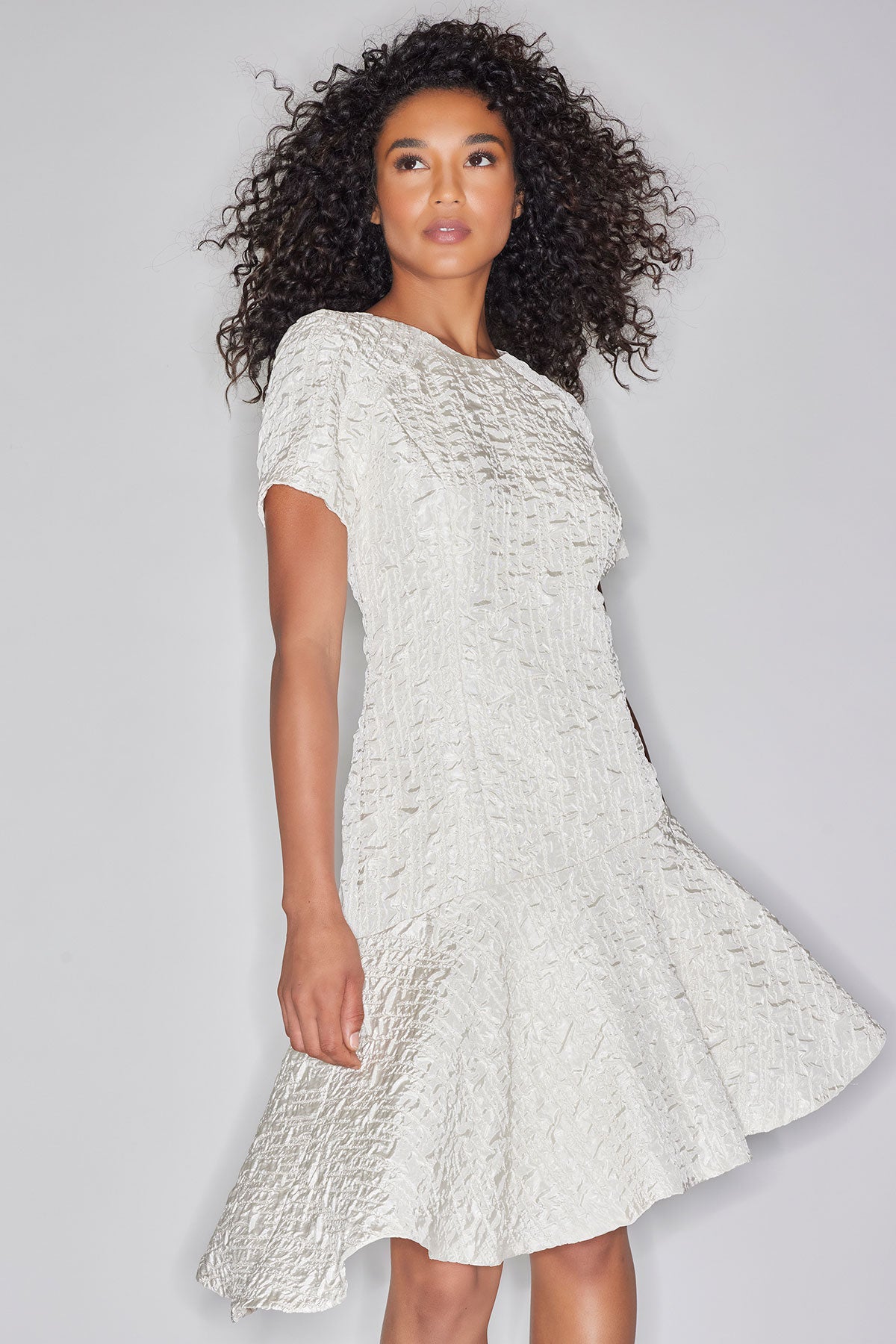 Pebbled Jacquard Short Sleeve Flounce Dress Sandstone Natori