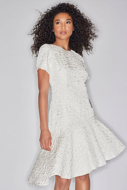 Pebbled Jacquard Short Sleeve Flounce Dress Sandstone Natori