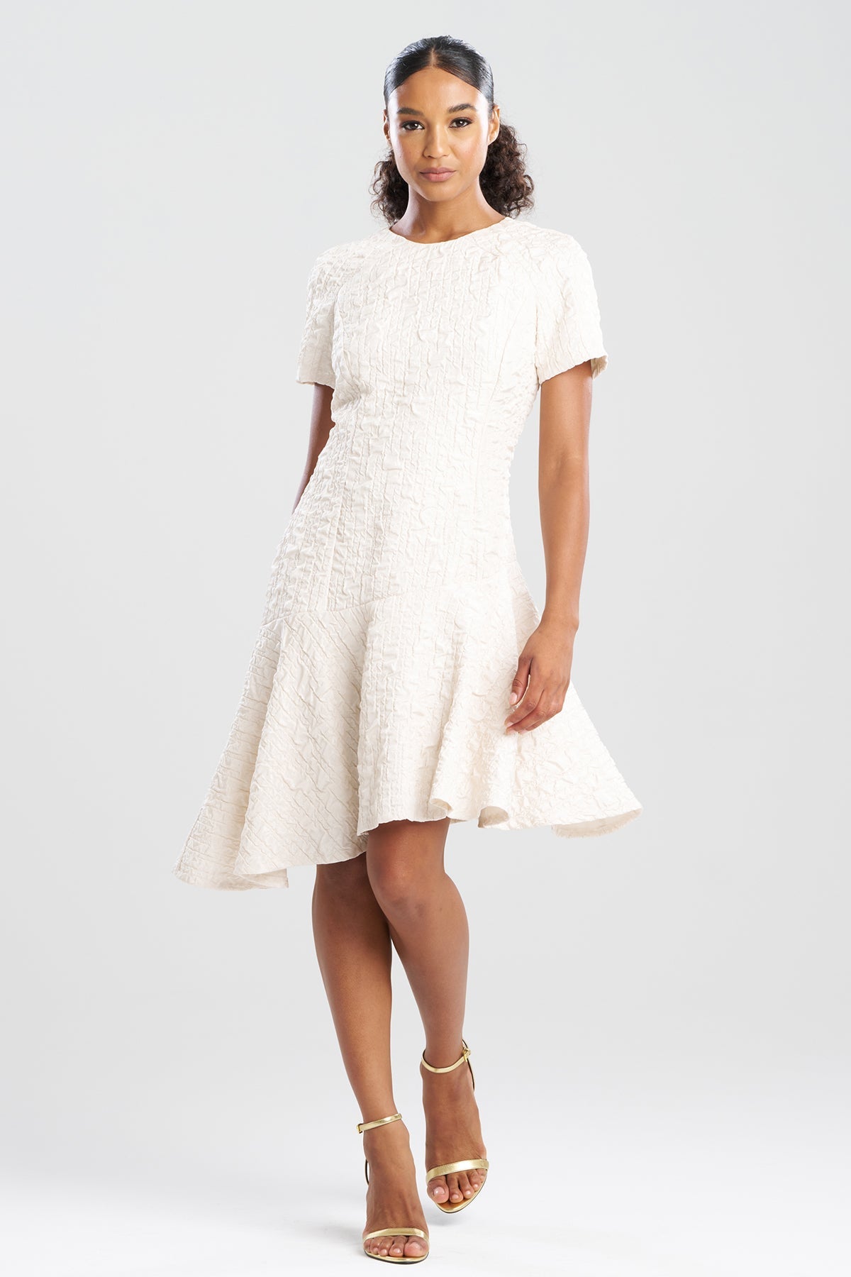 Pebbled Jacquard Short Sleeve Flounce Dress Sandstone Natori