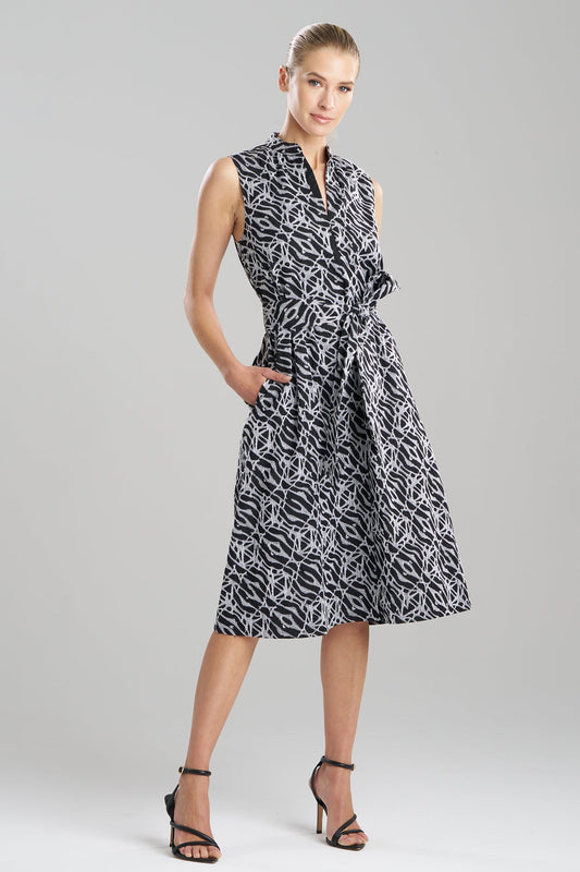 Geo Embroidered Cotton Poplin Mandarin Dress Black/White Natori