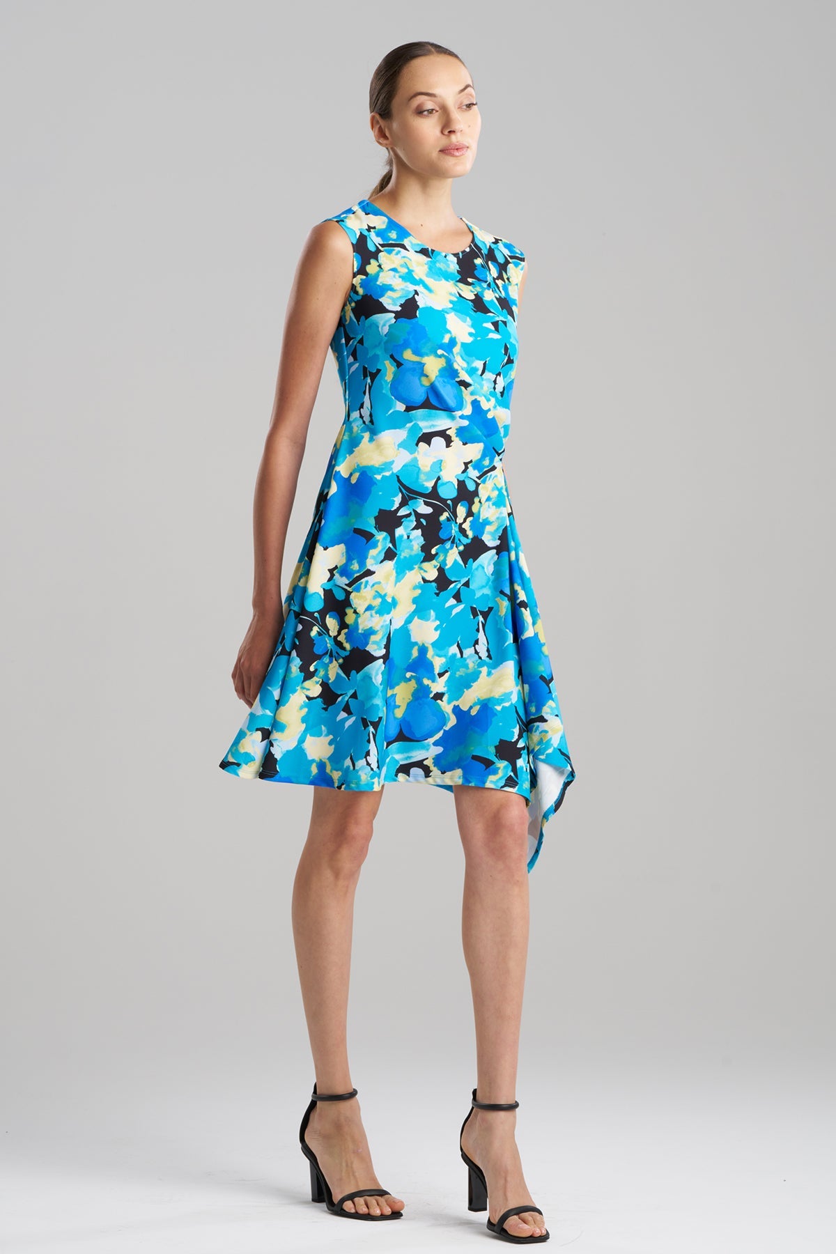 Bright Floral Side Drape Dress Blue Natori