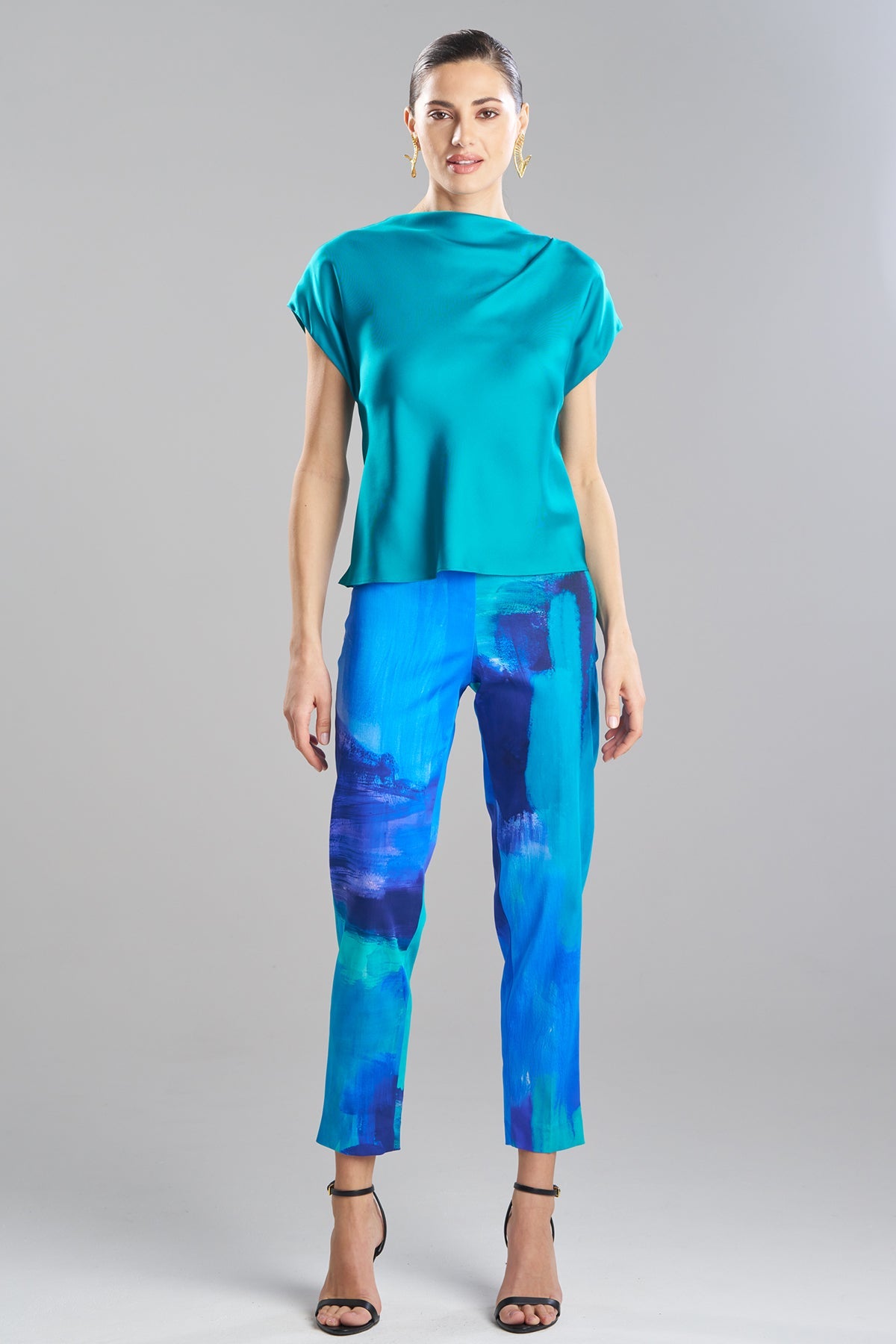 Solid Silk Twill Drape Neck Cap Sleeve Top Rich Turquoise Natori