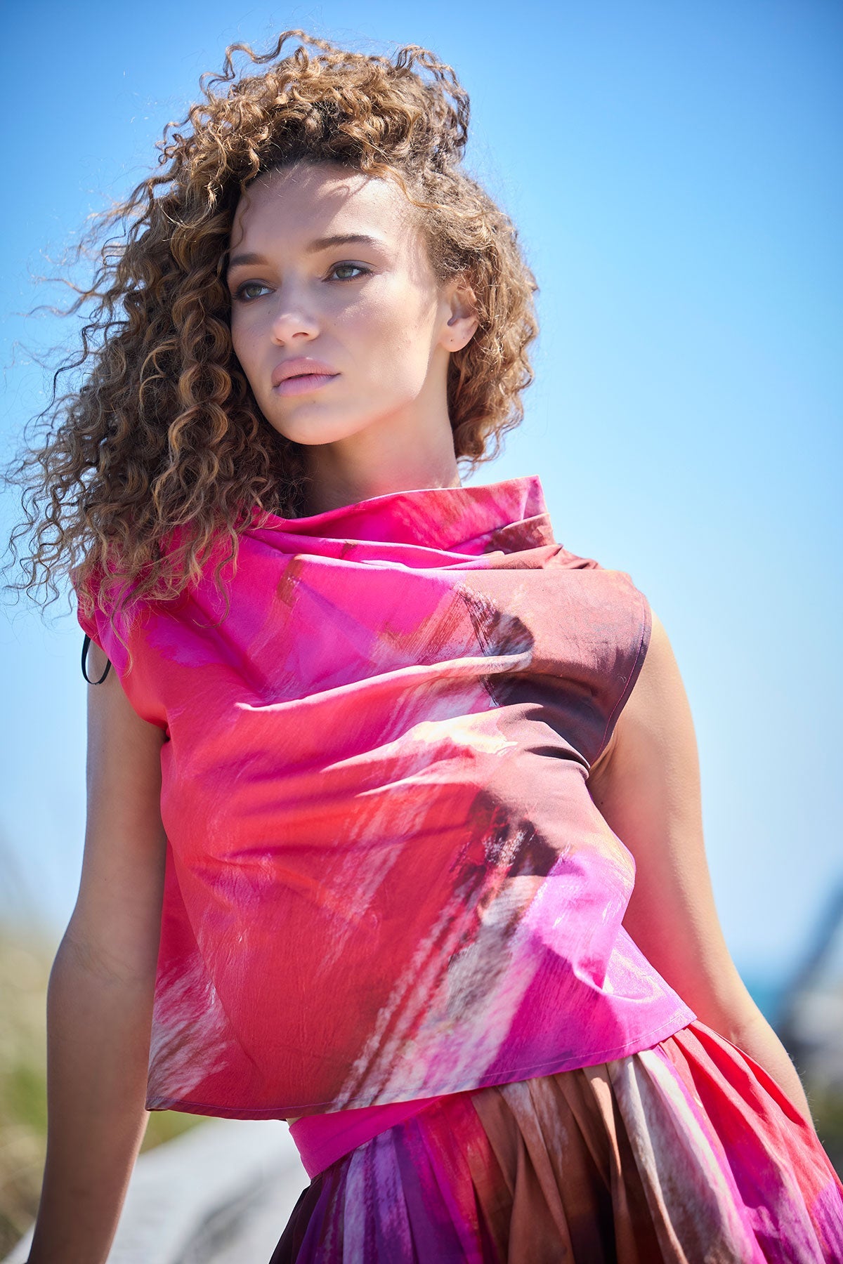 Brushstroke Cotton Taffeta Asymmetric Funnel Neck Top Magenta Natori