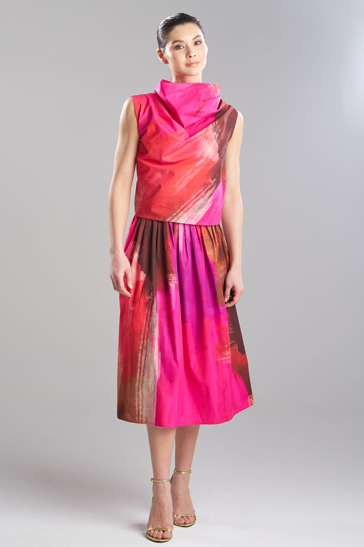 Brushstroke Cotton Taffeta Asymmetric Funnel Neck Top Magenta Natori
