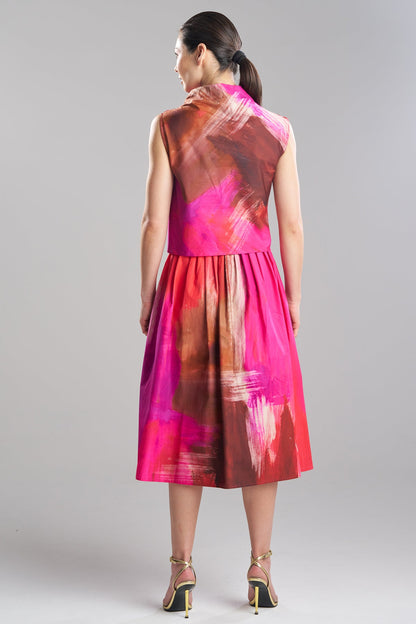 Brushstroke Cotton Taffeta Asymmetric Funnel Neck Top Magenta Natori