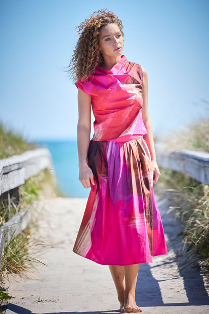 Brushstroke Cotton Taffeta Asymmetric Funnel Neck Top Magenta Natori