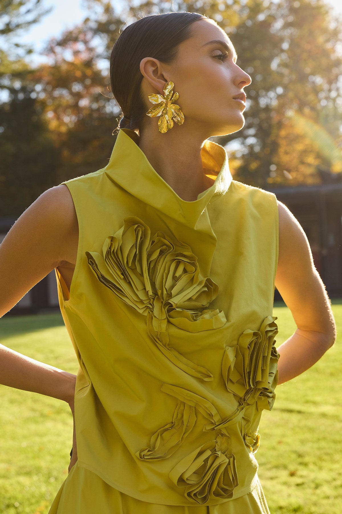 Tech Cotton Taffeta Embroidered Funnel Neck Top Chartreuse Natori