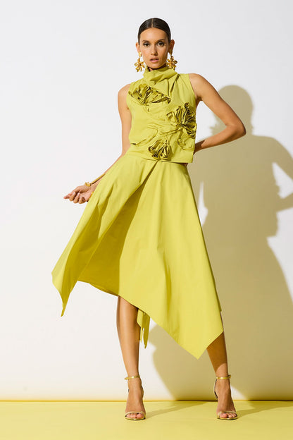 Tech Cotton Taffeta Embroidered Funnel Neck Top Chartreuse Natori