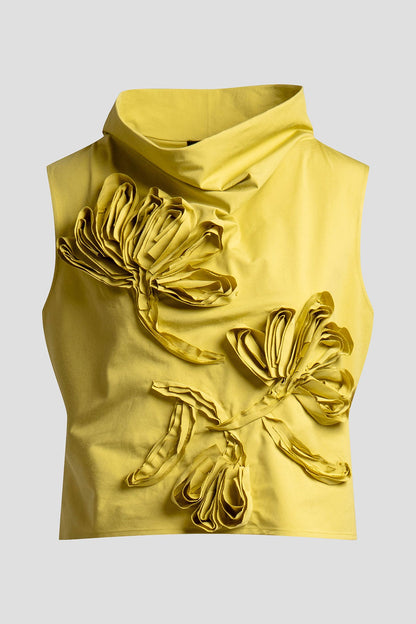 Tech Cotton Taffeta Embroidered Funnel Neck Top Chartreuse Natori