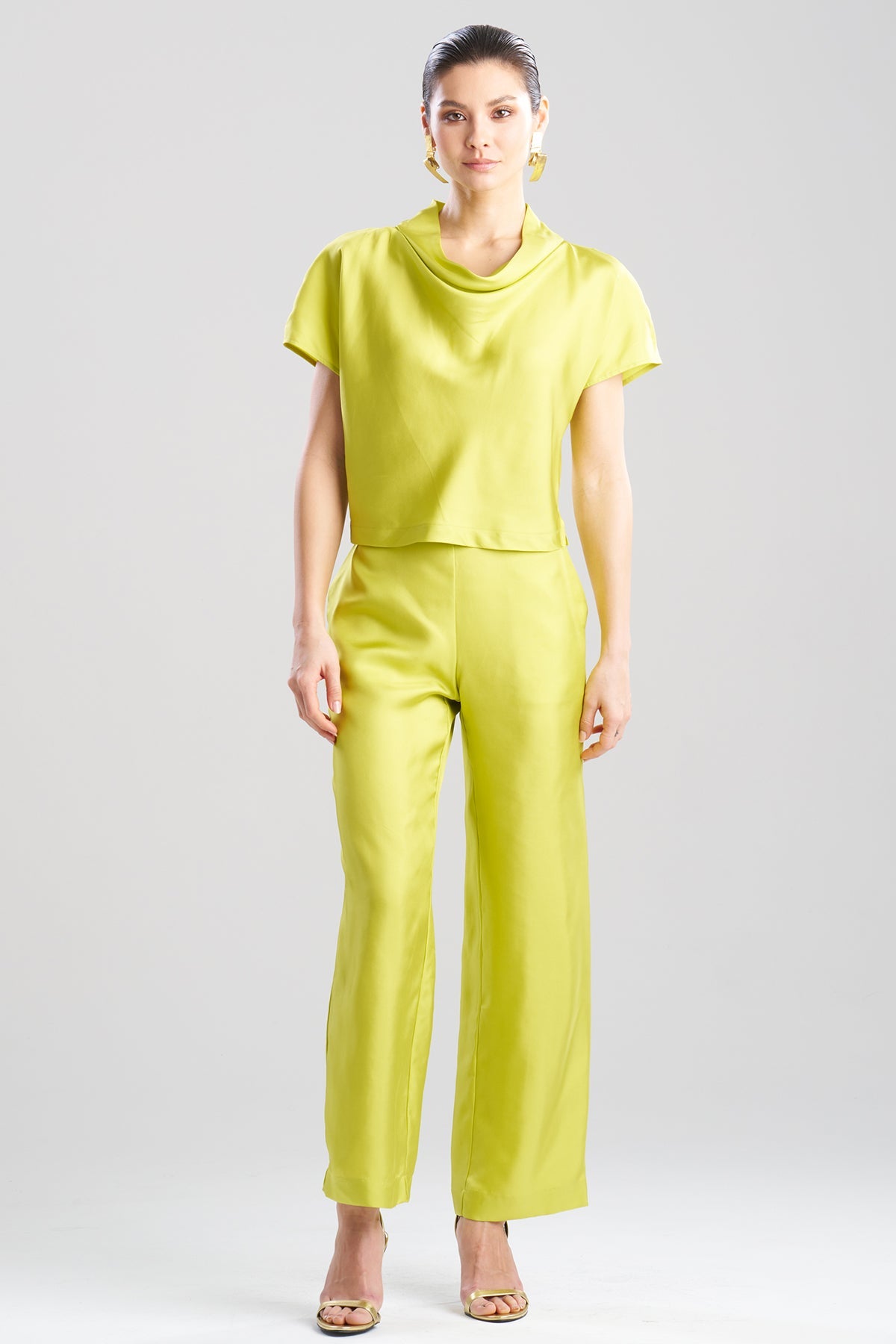 Solid Silk Twill Cowl Neck Top Chartreuse Natori