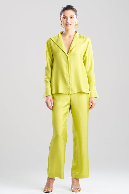 Solid Silk Twill Button Down Trapeze Shirt Chartreuse Natori