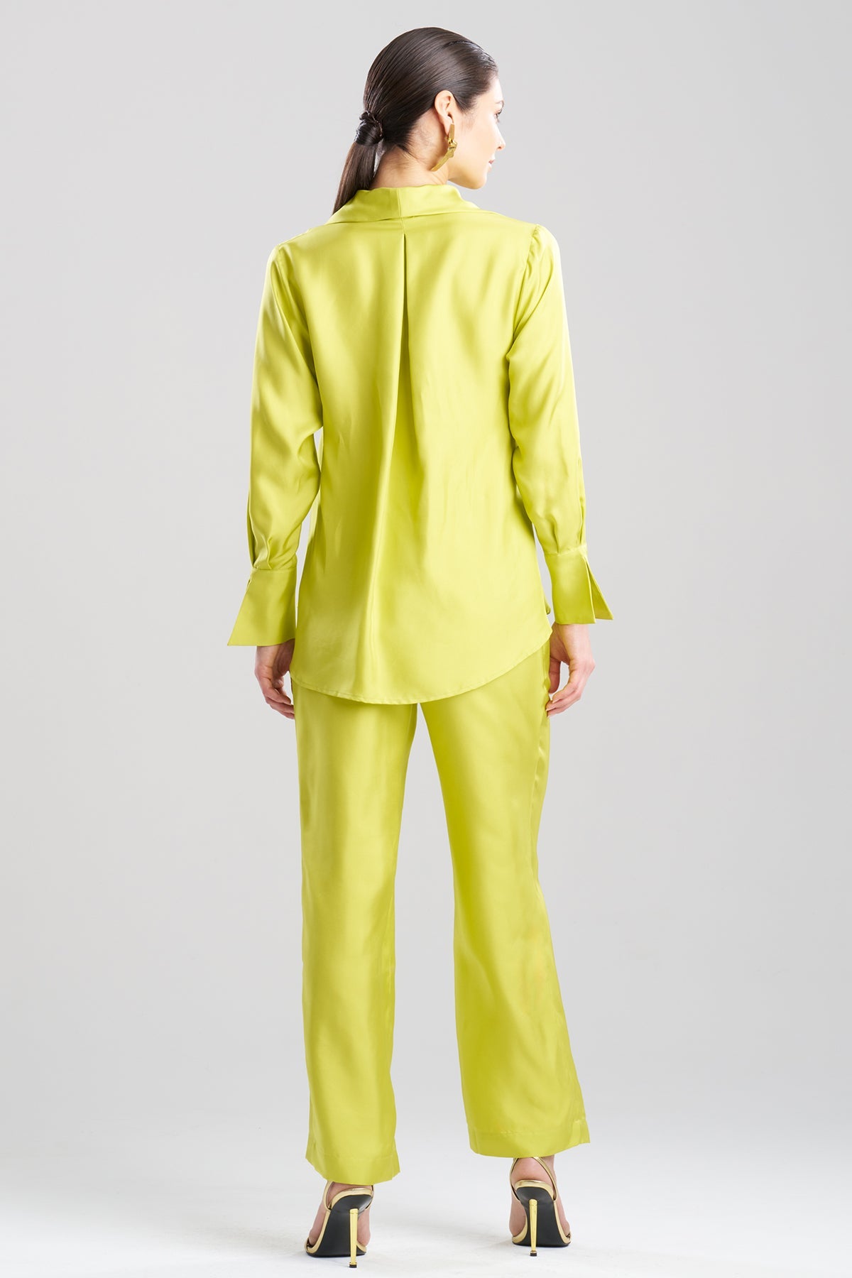 Solid Silk Twill Button Down Trapeze Shirt Chartreuse Natori