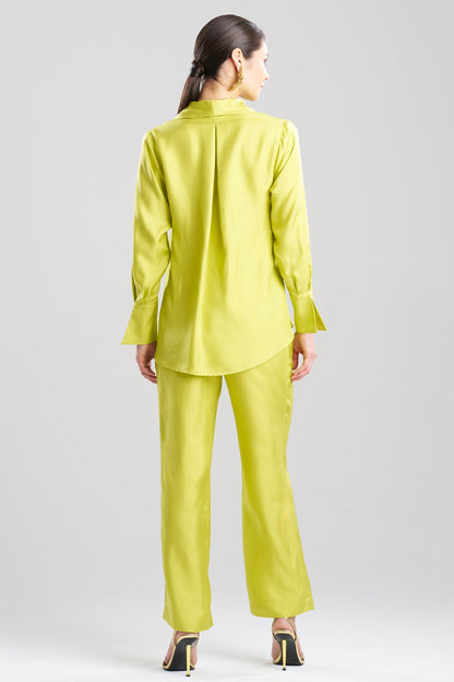 Solid Silk Twill Button Down Trapeze Shirt Chartreuse Natori
