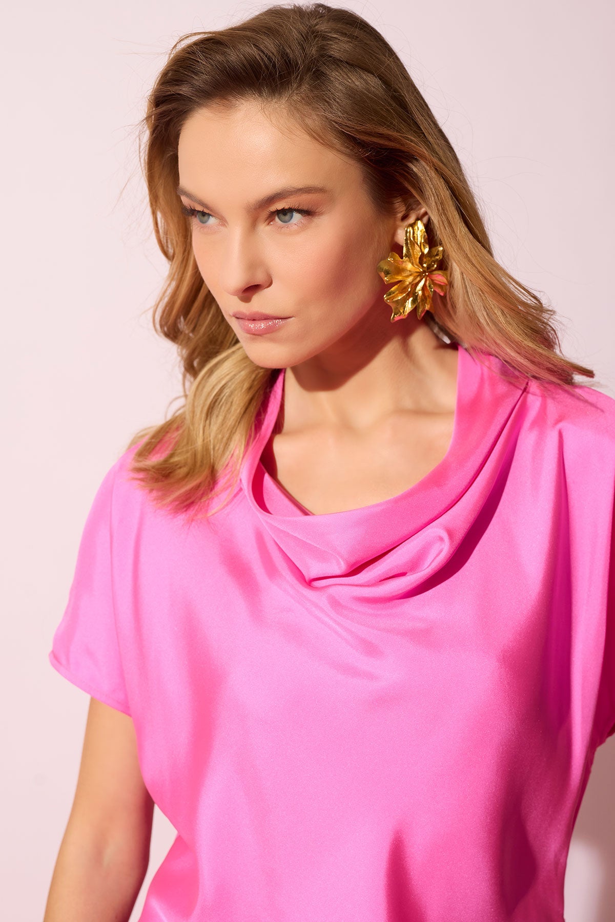 Solid Silk Twill Cowl Neck Top Fresh Pink Natori