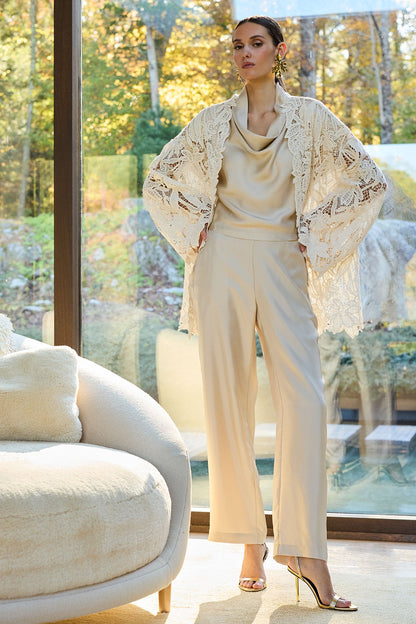 Solid Silk Twill Cowl Neck Top Bone Natori