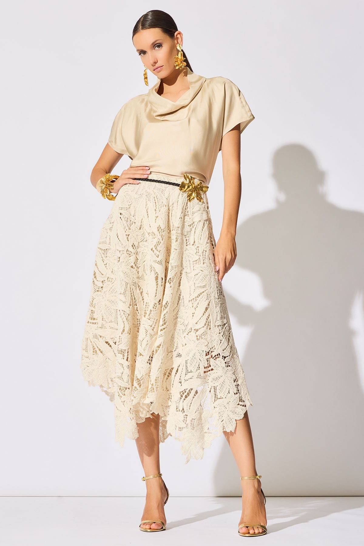 Solid Silk Twill Cowl Neck Top Bone Natori