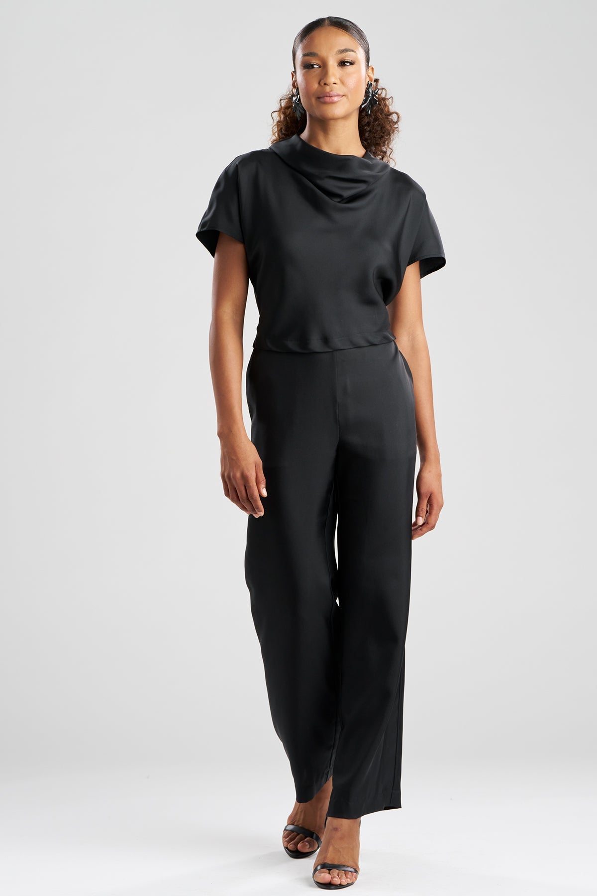 Solid Silk Twill Cowl Neck Top Black Natori
