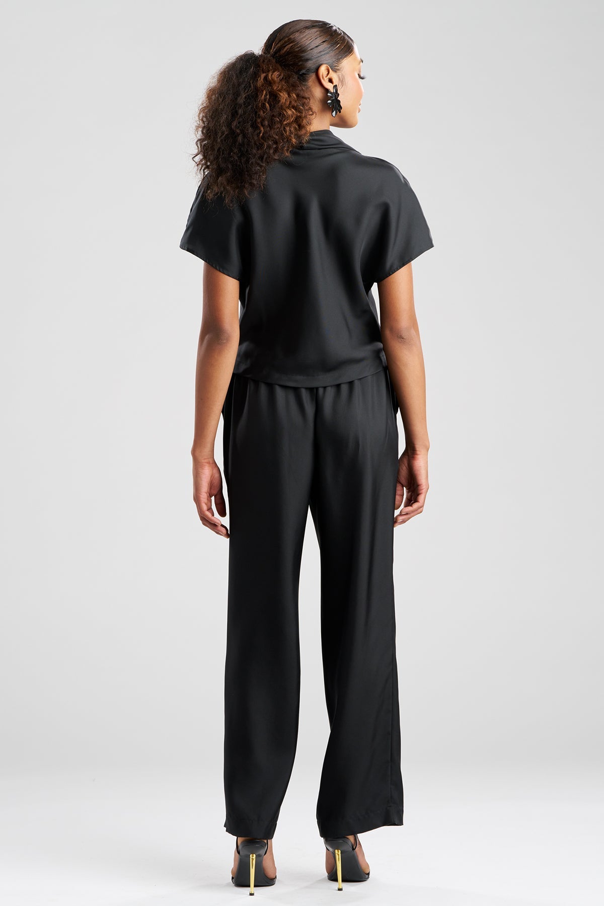 Solid Silk Twill Cowl Neck Top Black Natori