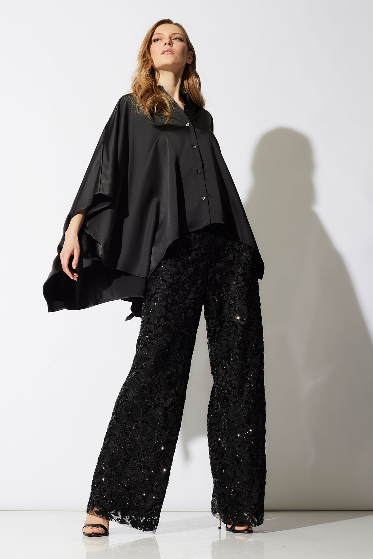 Luxe Charmeuse Button Down Caftan Shirt Black Natori