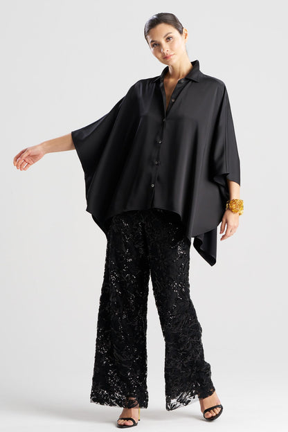Luxe Charmeuse Button Down Caftan Shirt Black Natori