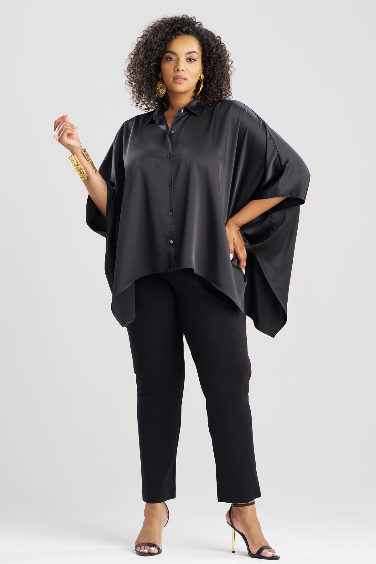 Luxe Charmeuse Button Down Caftan Shirt Black Natori