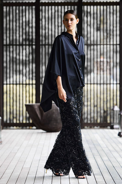 Luxe Charmeuse Button Down Caftan Shirt Black Natori