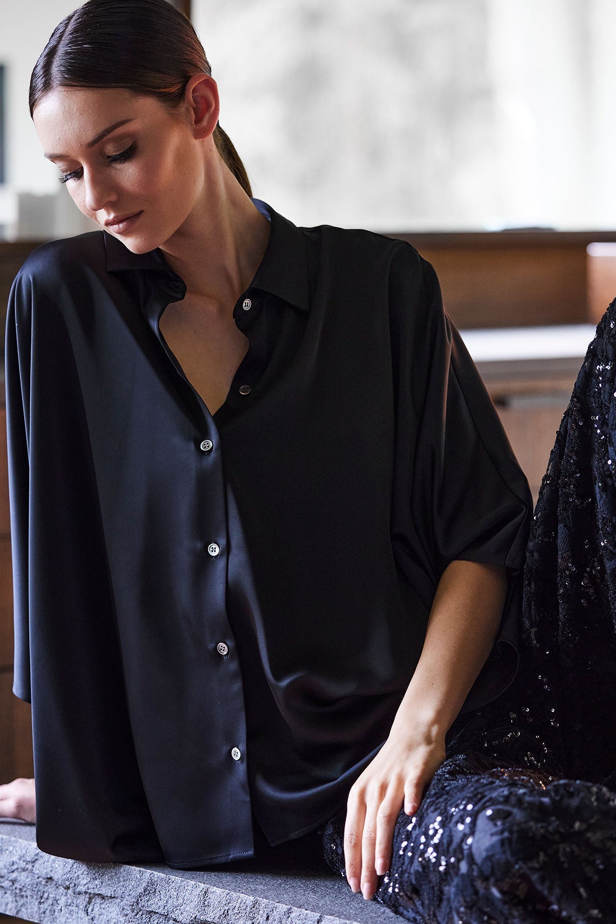 Luxe Charmeuse Button Down Caftan Shirt Black Natori