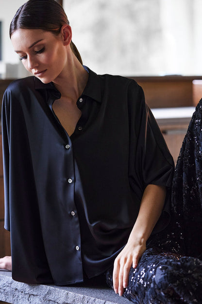 Luxe Charmeuse Button Down Caftan Shirt Black Natori