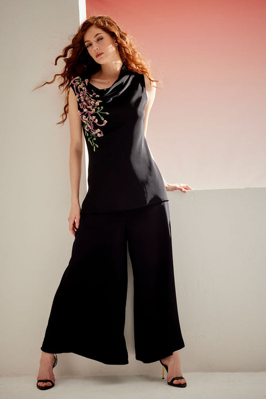Couture Silk Crepe Embellished Funnel Neck Top Black Natori