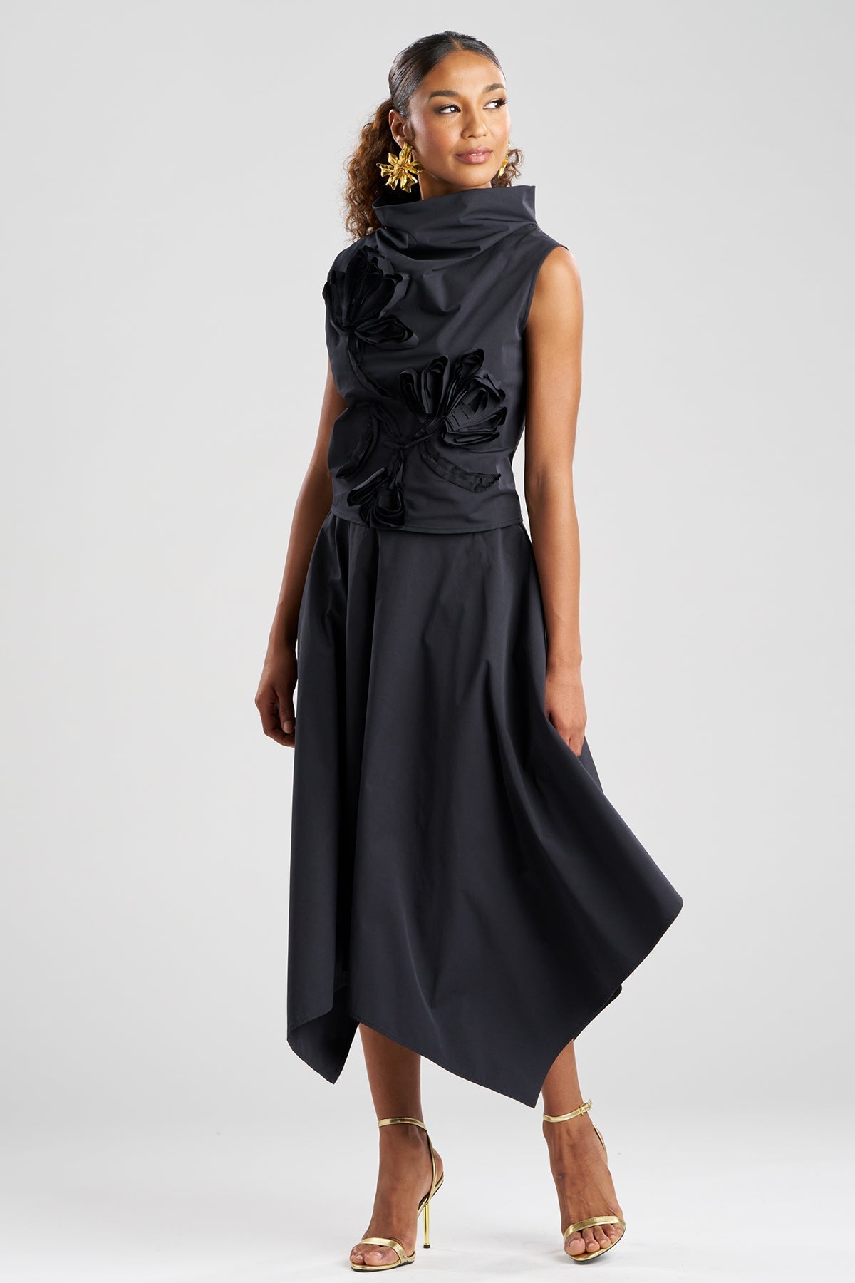 Tech Cotton Taffeta Embroidered Funnel Neck Top Black Natori