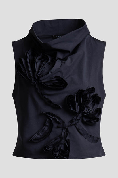 Tech Cotton Taffeta Embroidered Funnel Neck Top Black Natori