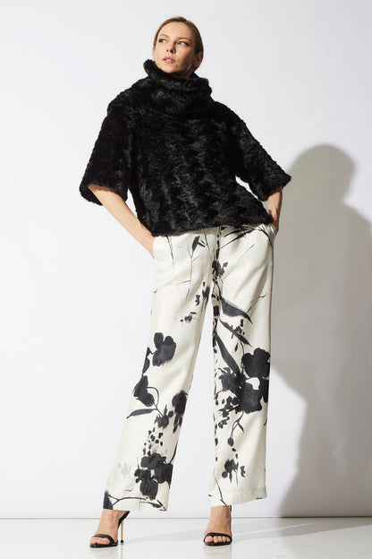 Astrakhan Faux Fur T-Shirt Top Black Natori