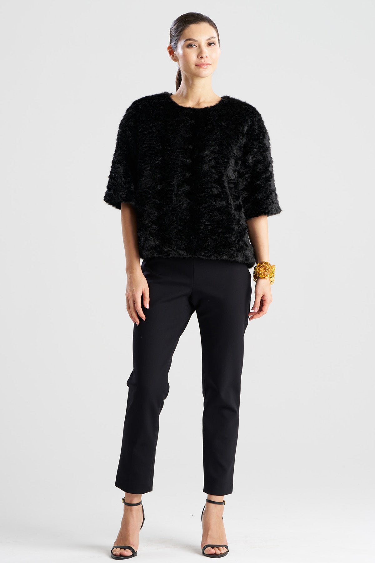 Astrakhan Faux Fur T-Shirt Top Black Natori