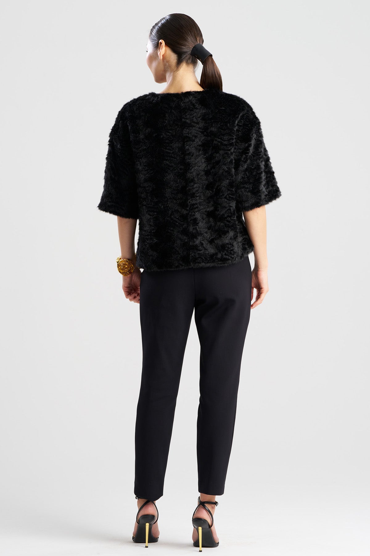 Astrakhan Faux Fur T-Shirt Top Black Natori