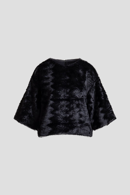 Astrakhan Faux Fur T-Shirt Top Black Natori