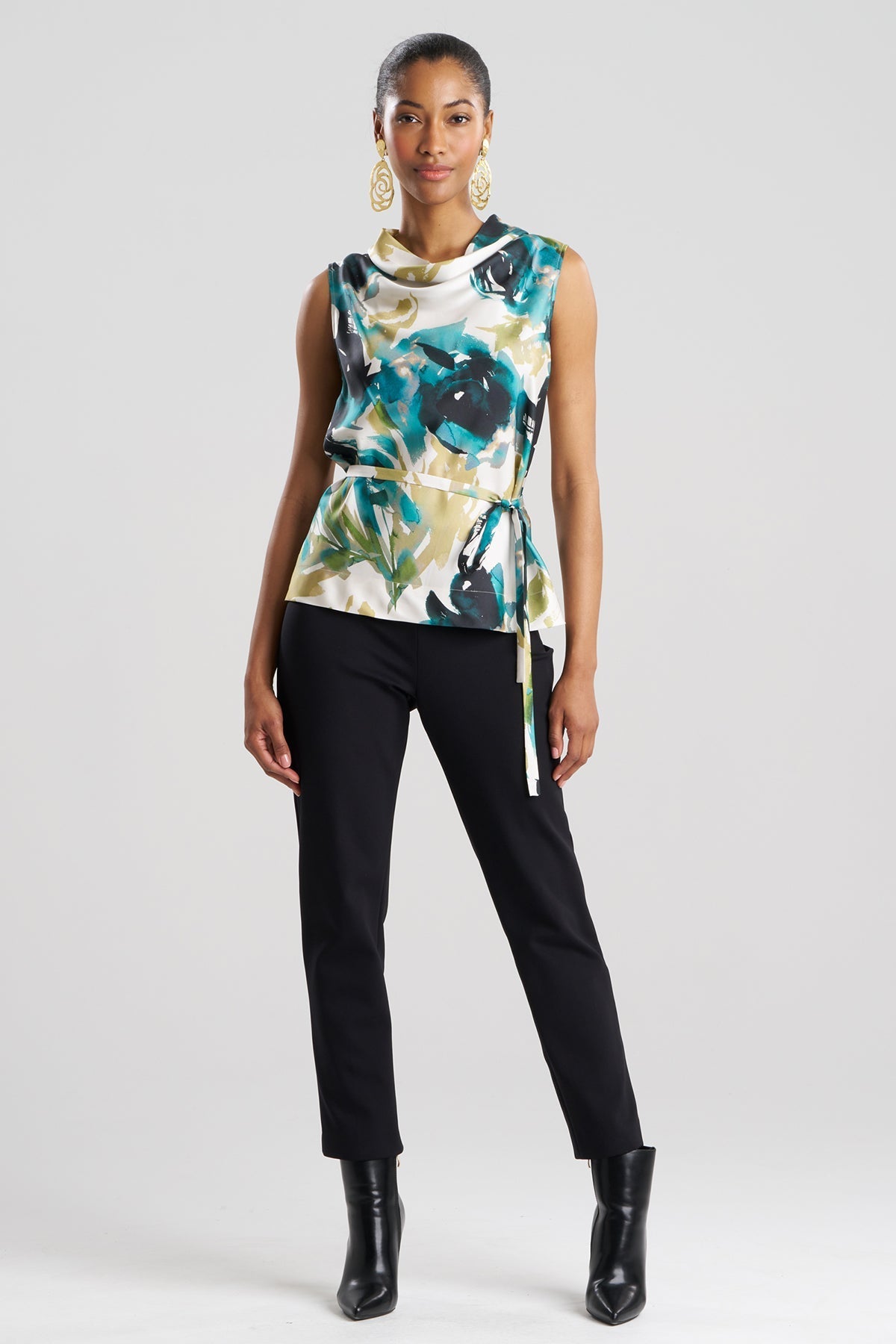 Mira Silk Twill Belted Funnel Neck Top Midnight Teal Natori