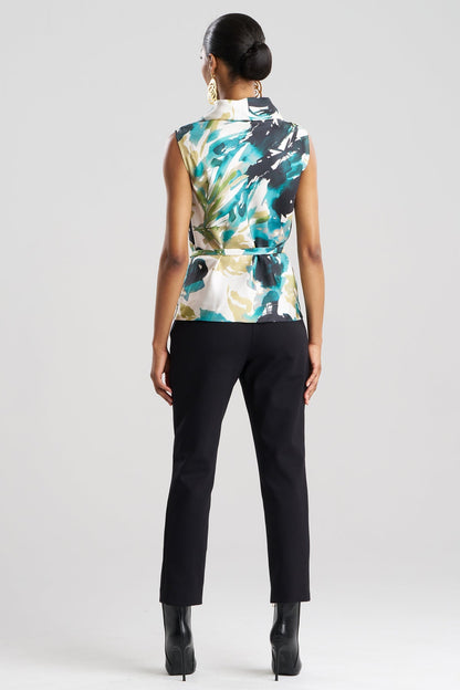 Mira Silk Twill Belted Funnel Neck Top Midnight Teal Natori