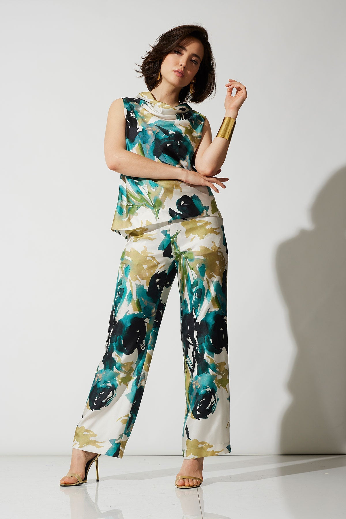 Mira Silk Twill Belted Funnel Neck Top Midnight Teal Natori