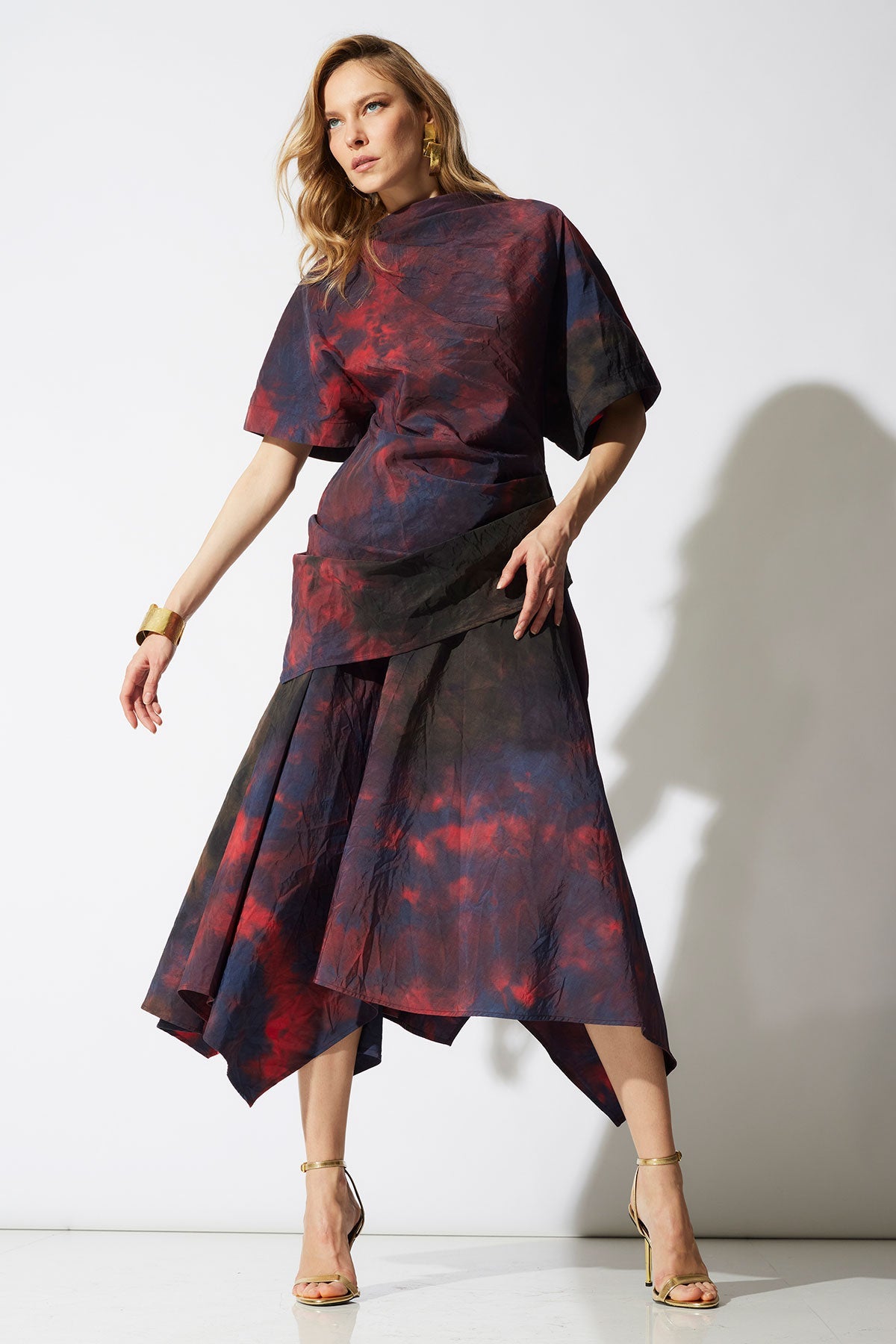 Niji Tie Dye Taffeta Asymmetric Draped Top Red Natori