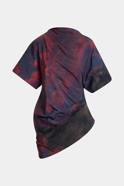 Niji Tie Dye Taffeta Asymmetric Draped Top Red Natori