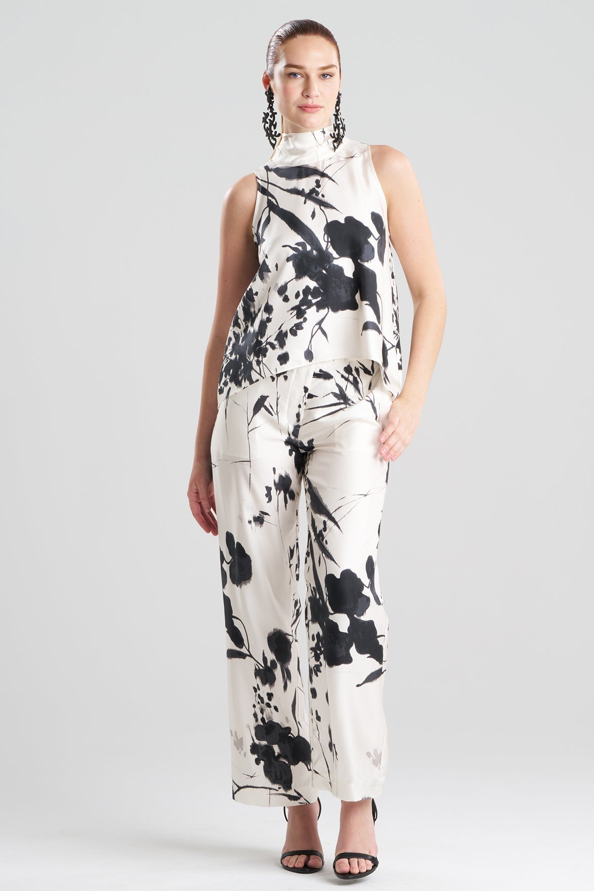 Nara Silk Twill Halter Scarf Top Black/White Natori