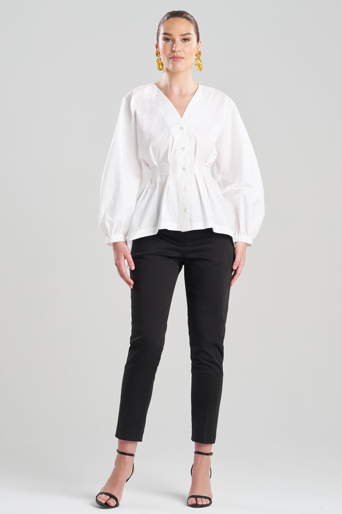 Cotton Poplin V-Neck Pleated Shirt White Natori