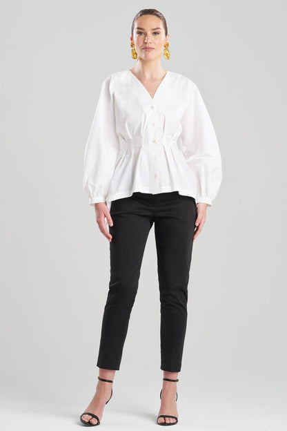 Cotton Poplin V-Neck Pleated Shirt White Natori