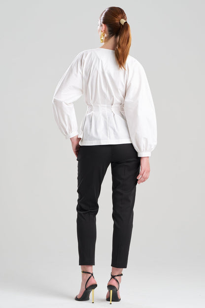 Cotton Poplin V-Neck Pleated Shirt White Natori