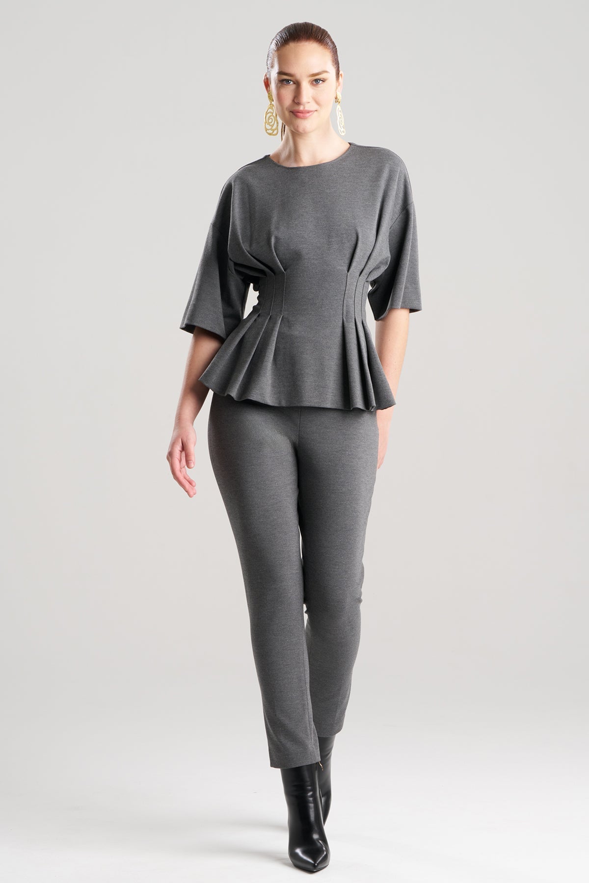 Compact Knit Pleat Release Top Dark Grey Heather Natori