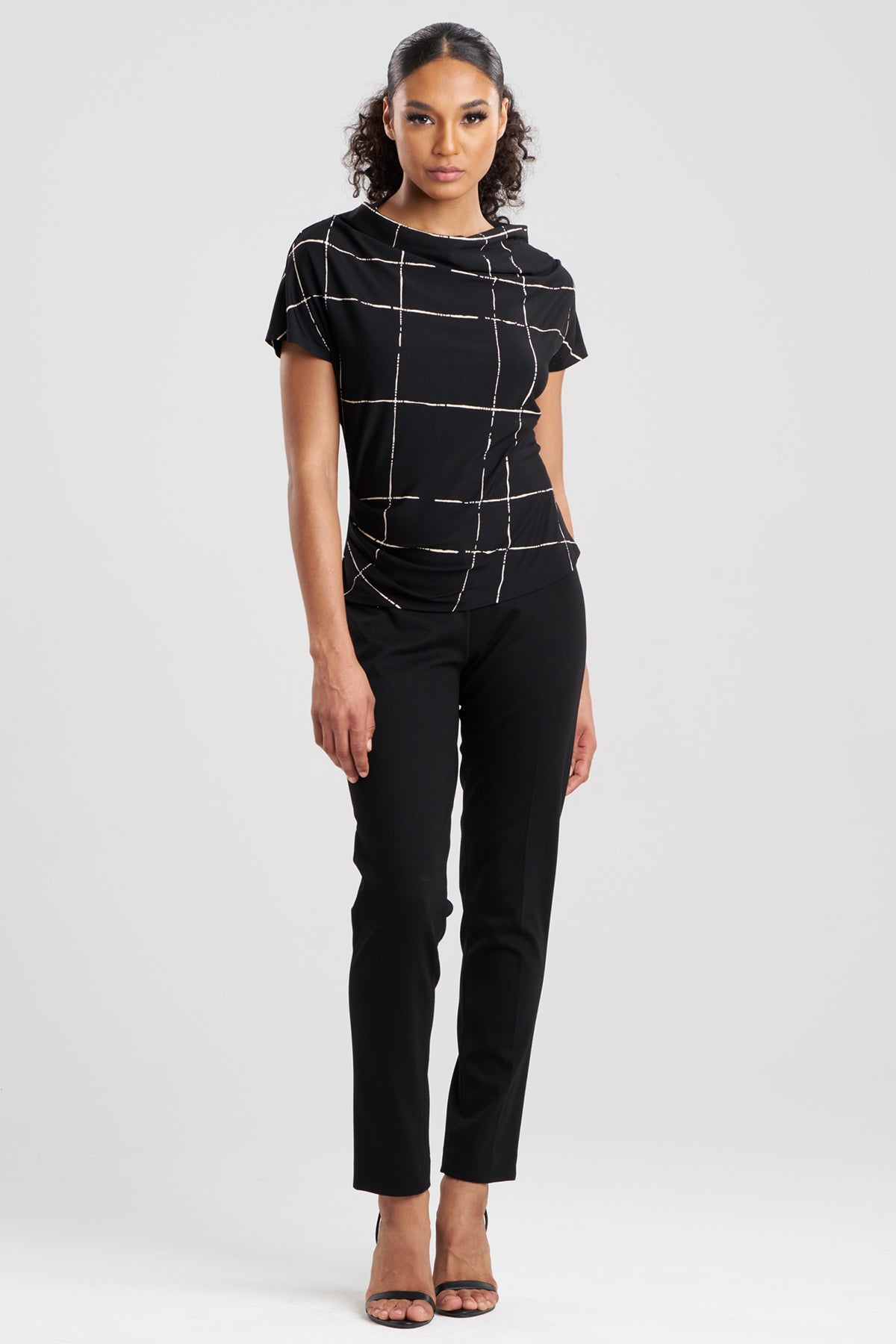 Zia Crepe Knit Asymmetric Drape Top Black Natori